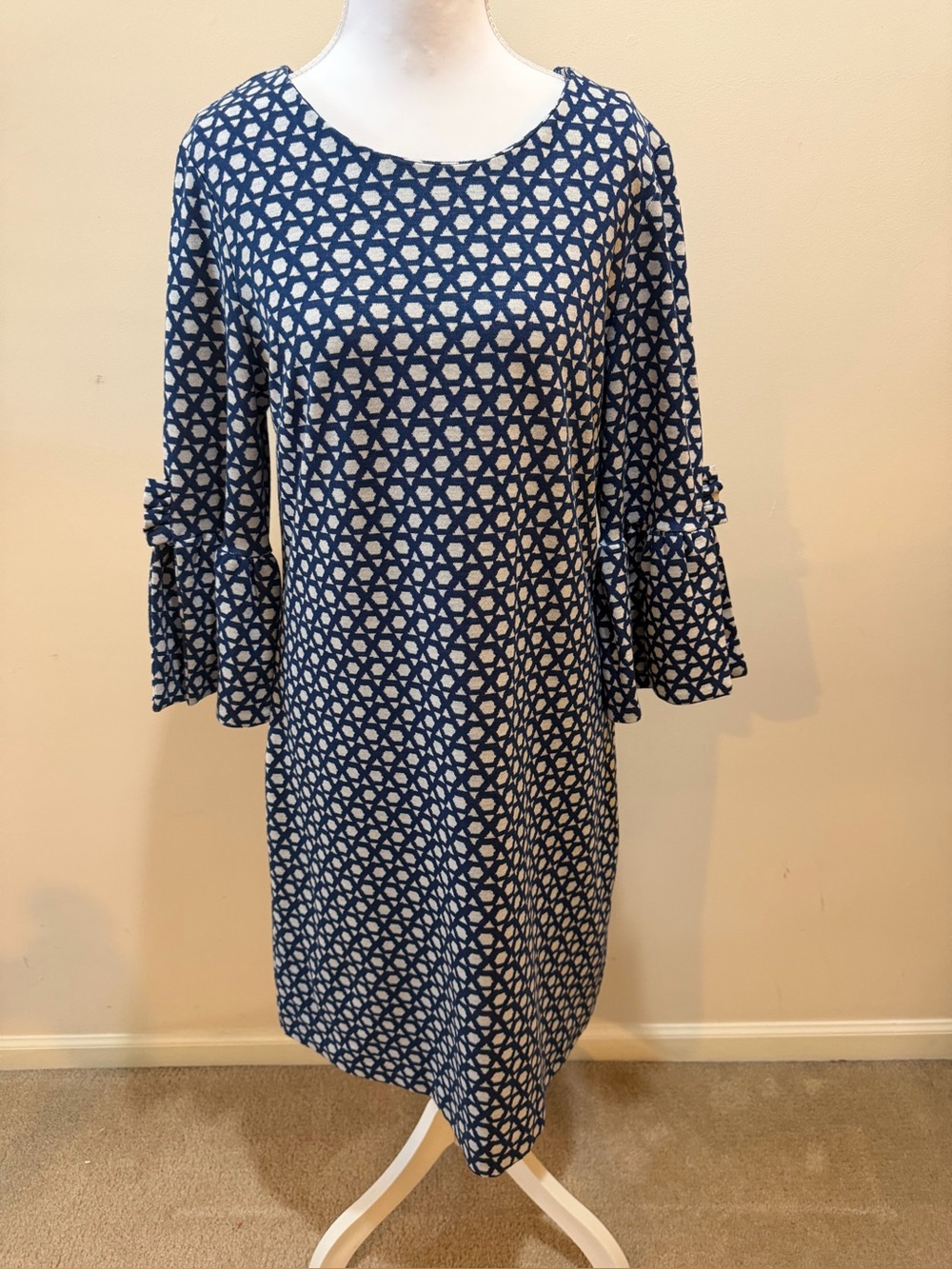 Tyler Boe Mindy Dress Navy Geometric with Ruffled Bell Sleeves Size Medium